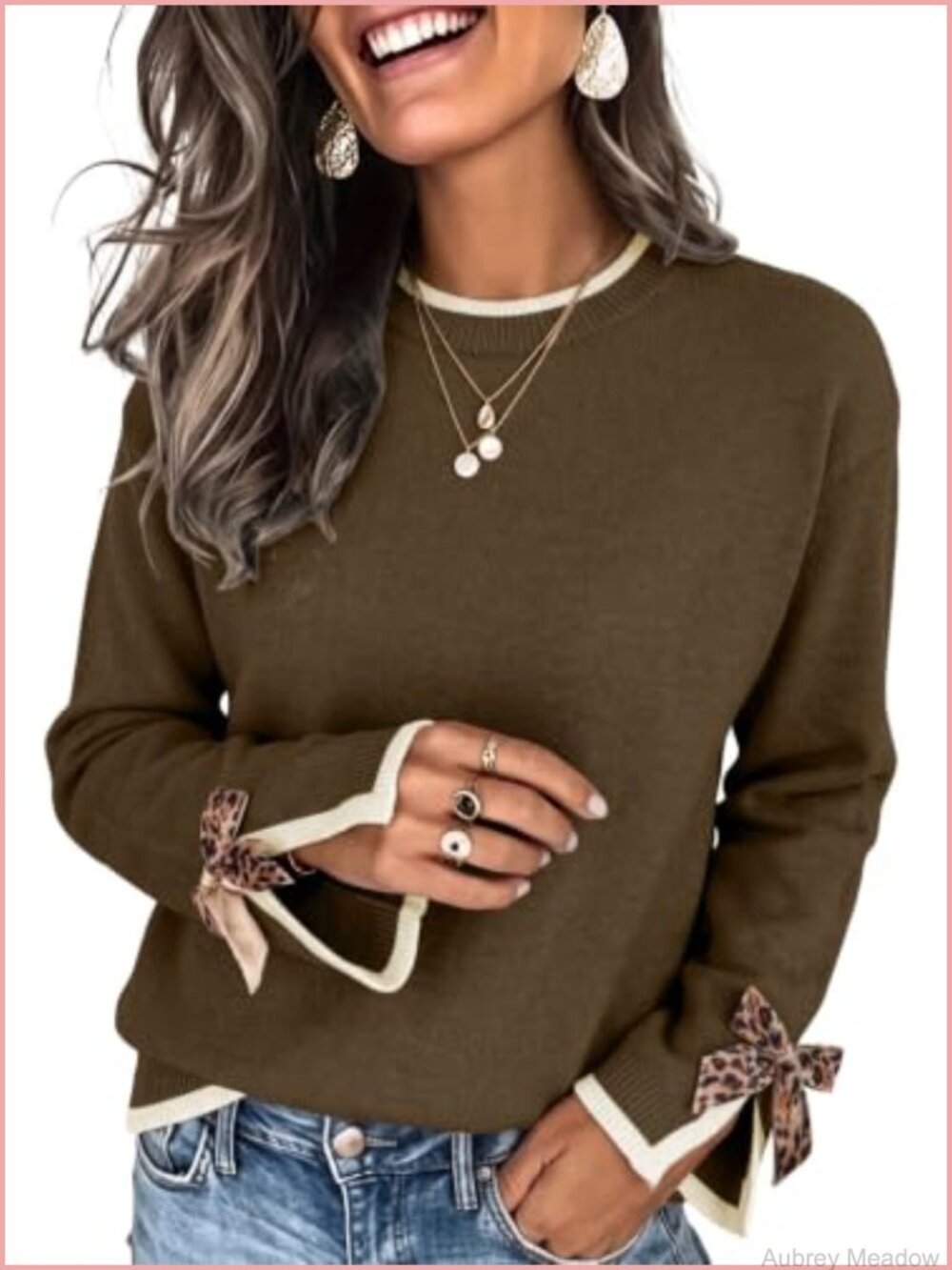 Leopard Print Bow Long Sleeve Knit Pullover Sweater